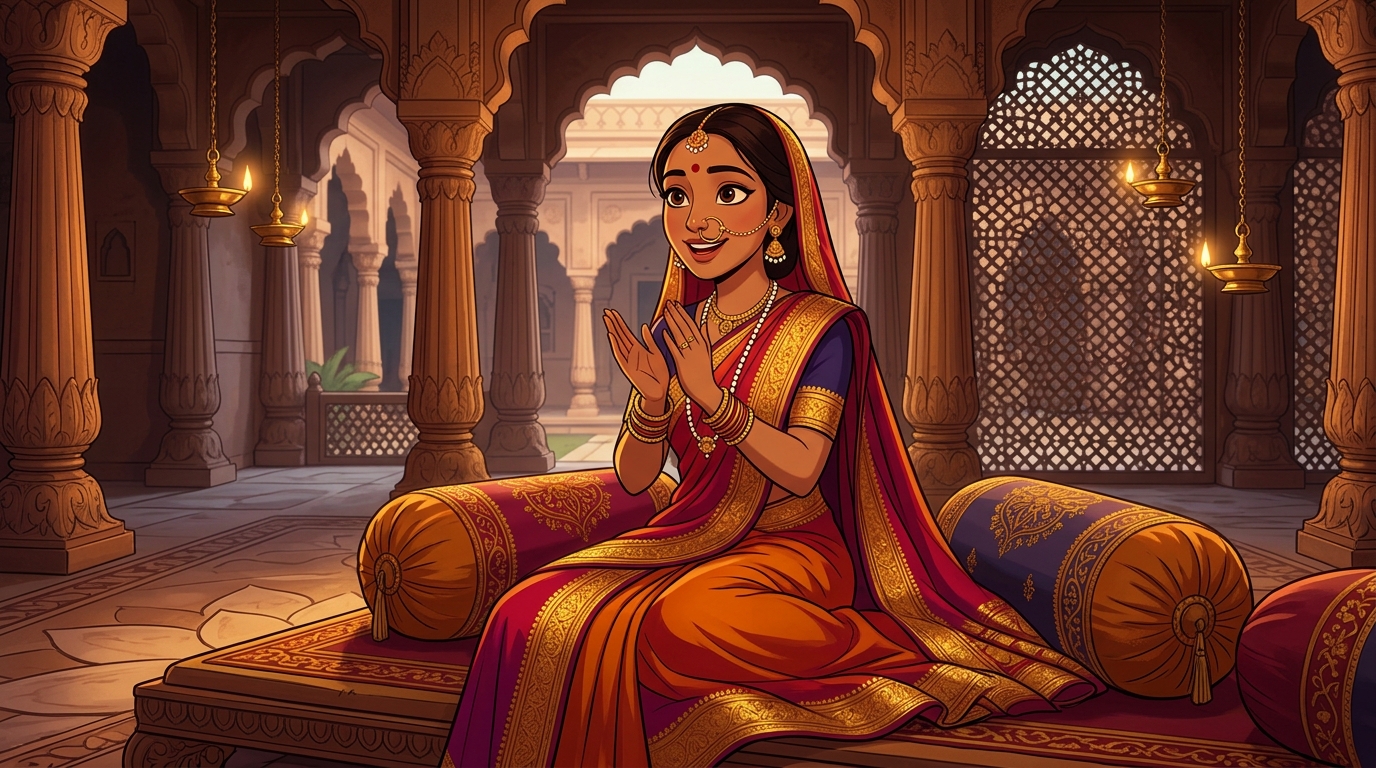 Prabhavati clapping her hands in wonder on the silk cushions