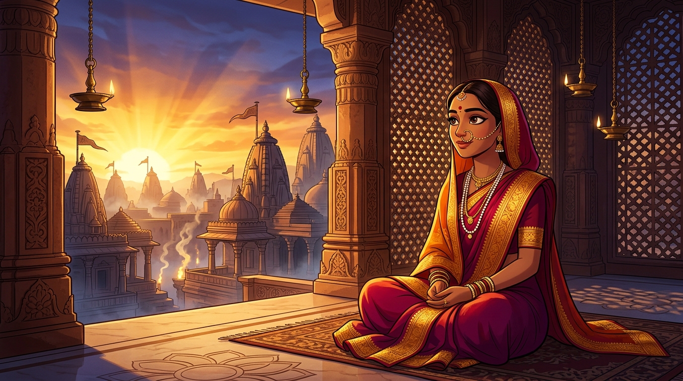 Prabhavati deep in contemplation as golden dawn sunlight bursts across Chandravati