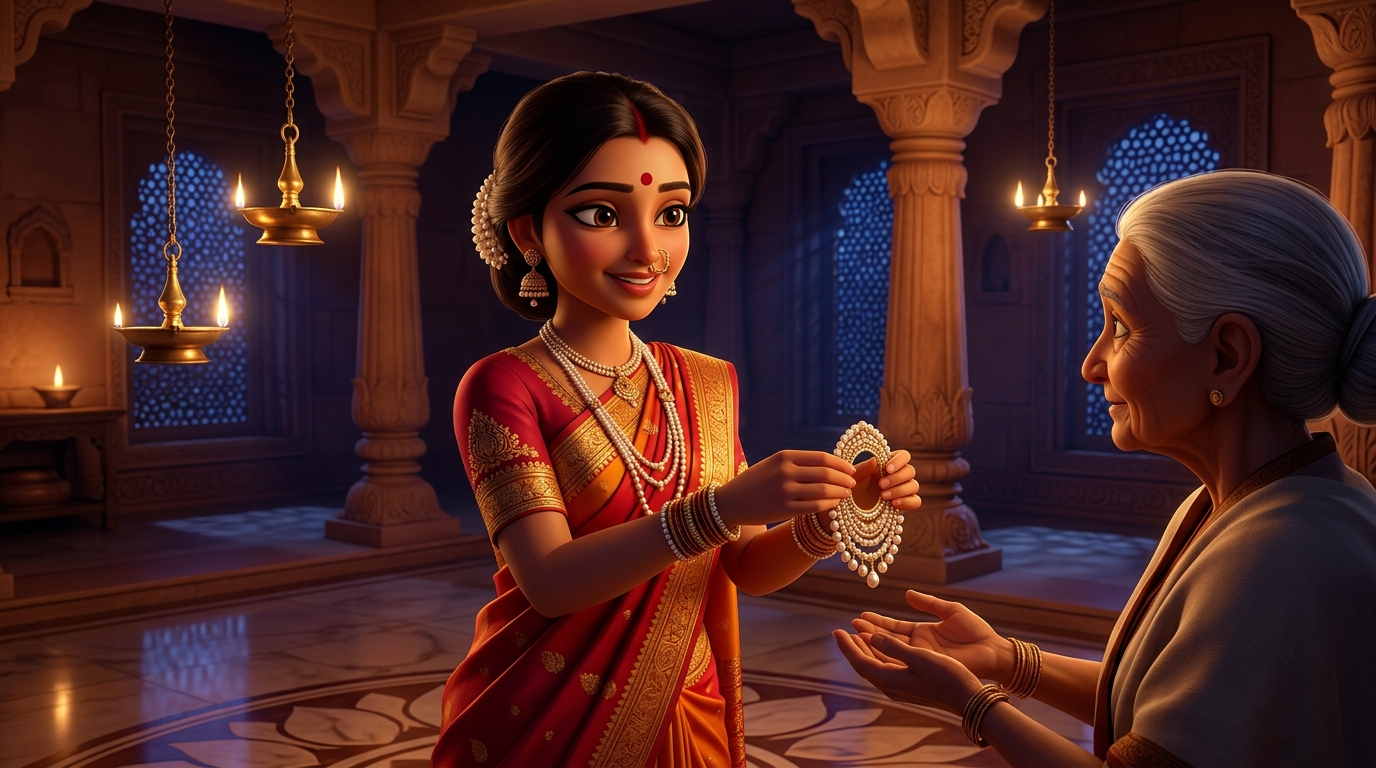 Prabhavati smiling with deep respect, handing the pearl ornament to Shuka and retreating