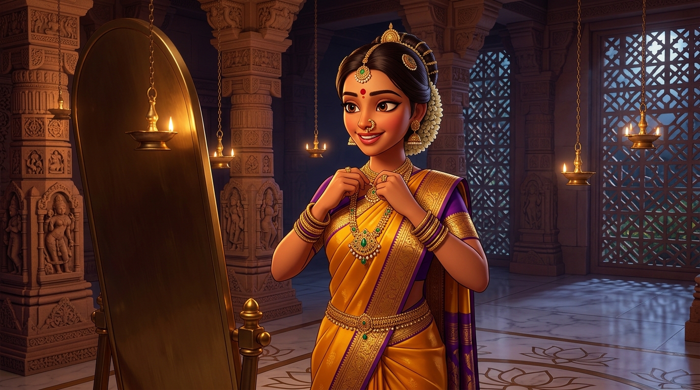 Prabhavati in golden-yellow silk fastening the emerald pendant around her neck