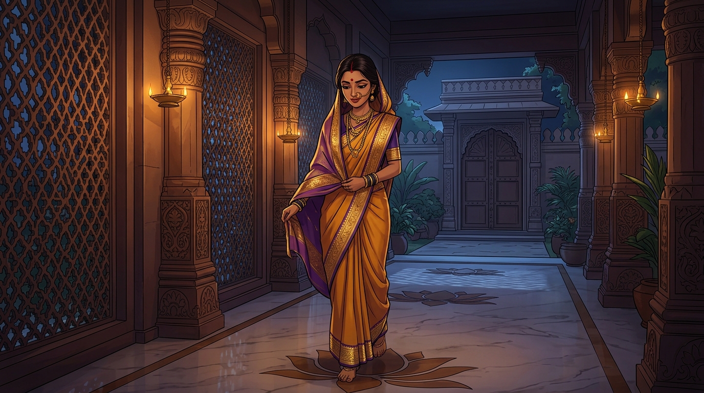 Prabhavati stepping onto the moonlit veranda, walking toward the gate