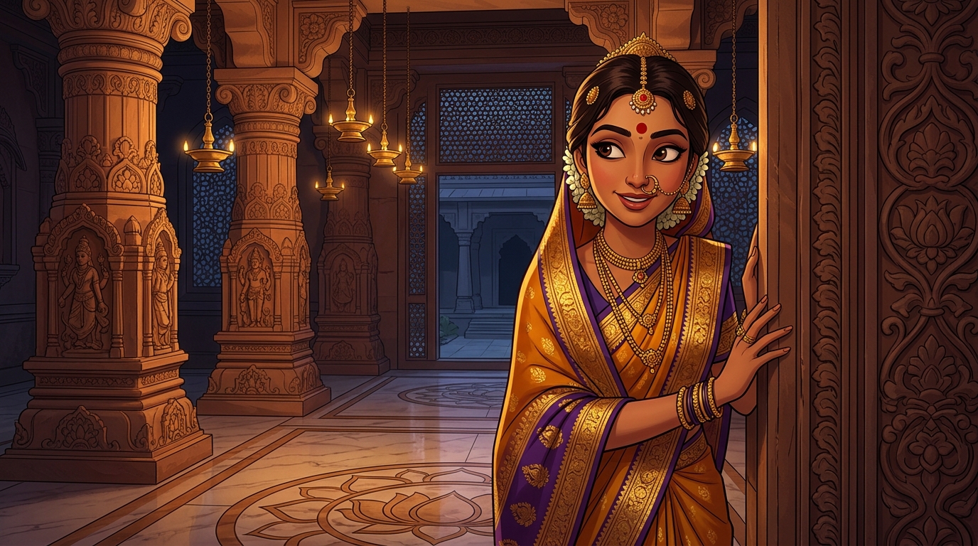 Prabhavati stopping on the threshold with an intrigued smile