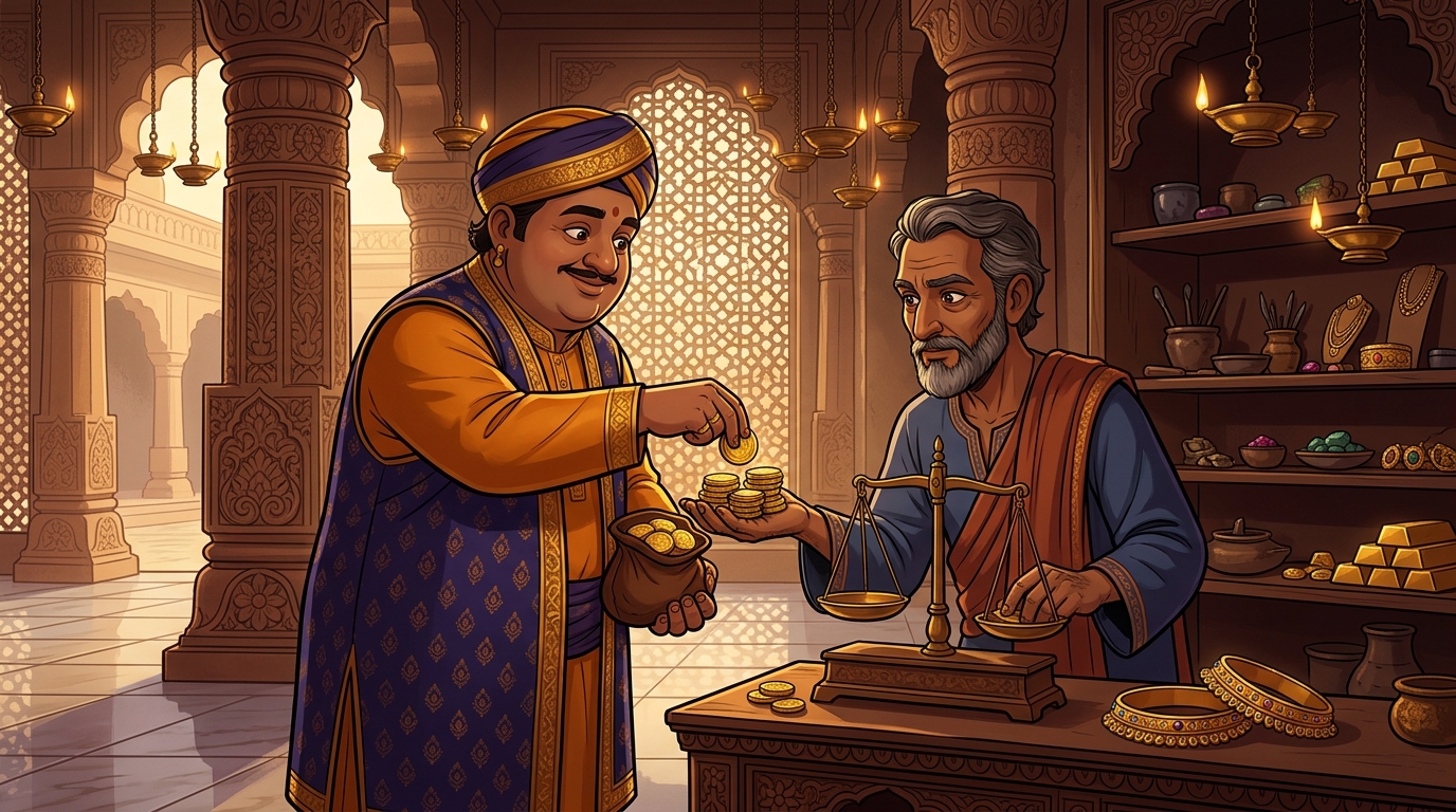 Wealthy merchant Dhanapala giving 50 gold coins to the goldsmith Swarnadatta in his workshop