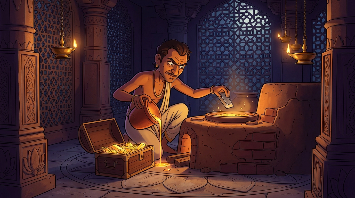 The goldsmith secretly stashing half the gold into his private chest while melting copper and lead