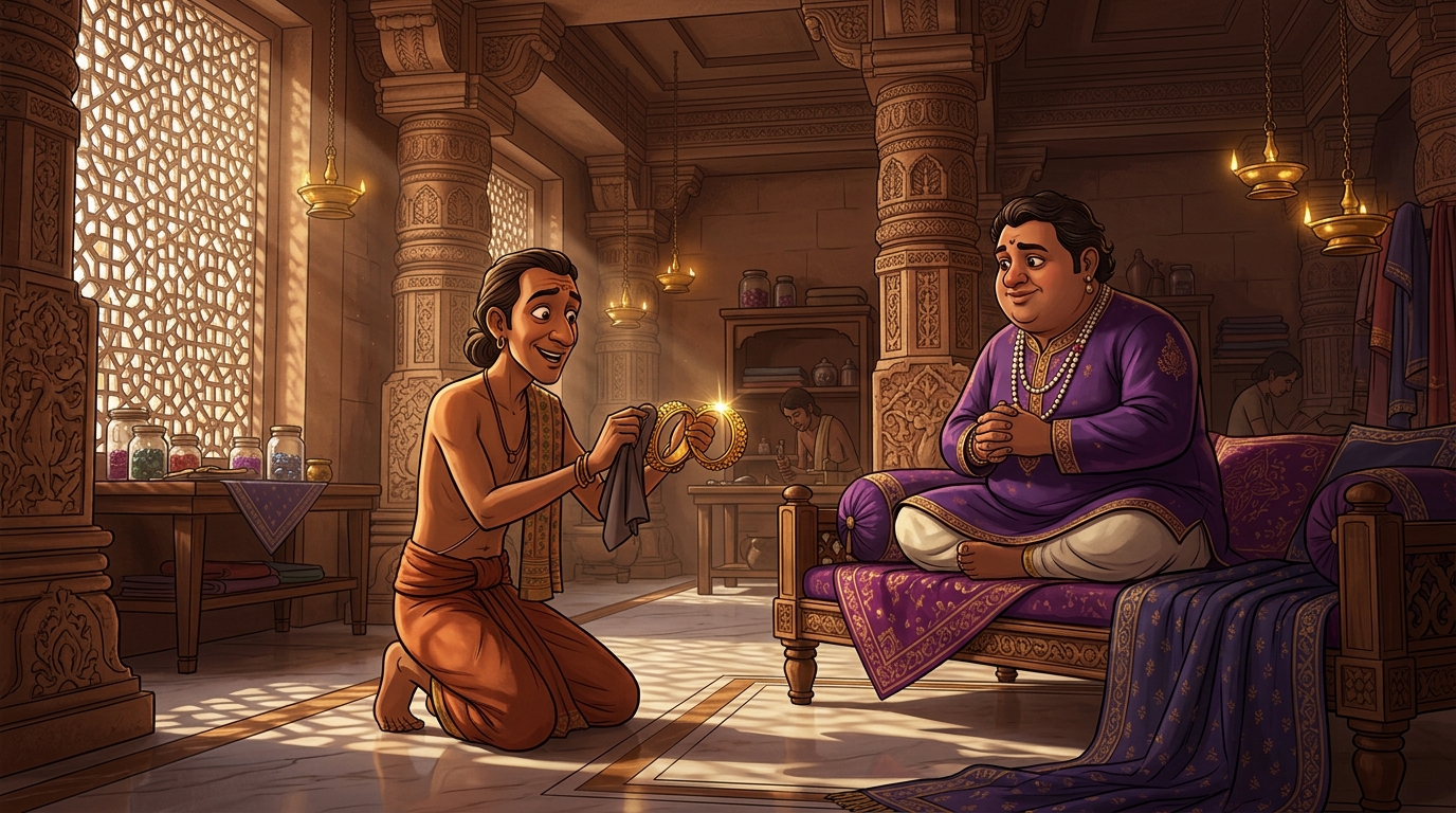 Swarnadatta presenting the polished anklets to Dhanapala, pretending devotion