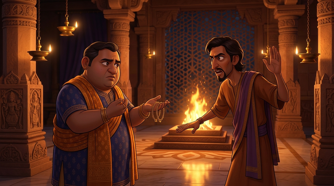 Dhanapala questioning the weight, while the goldsmith swears falsely over the sacred fire