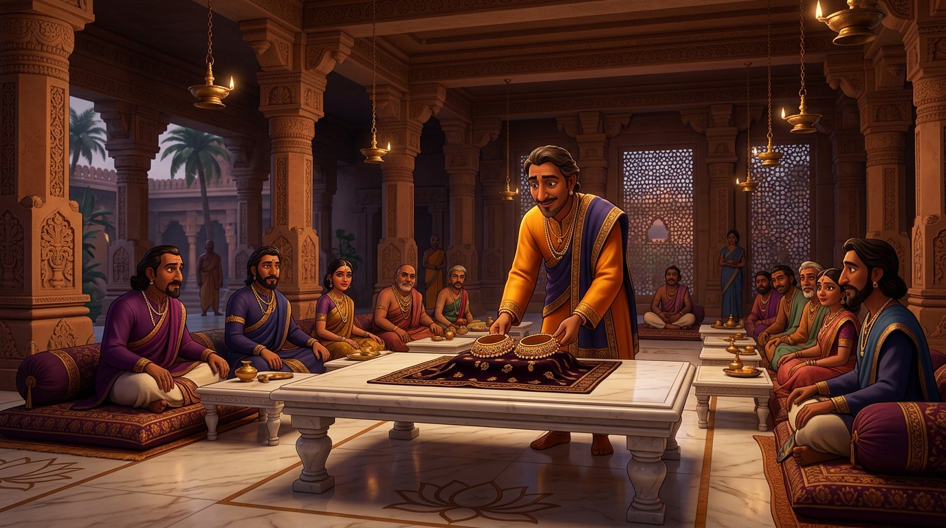 Dhanapala hosting a grand banquet with royal ministers and guild leaders present