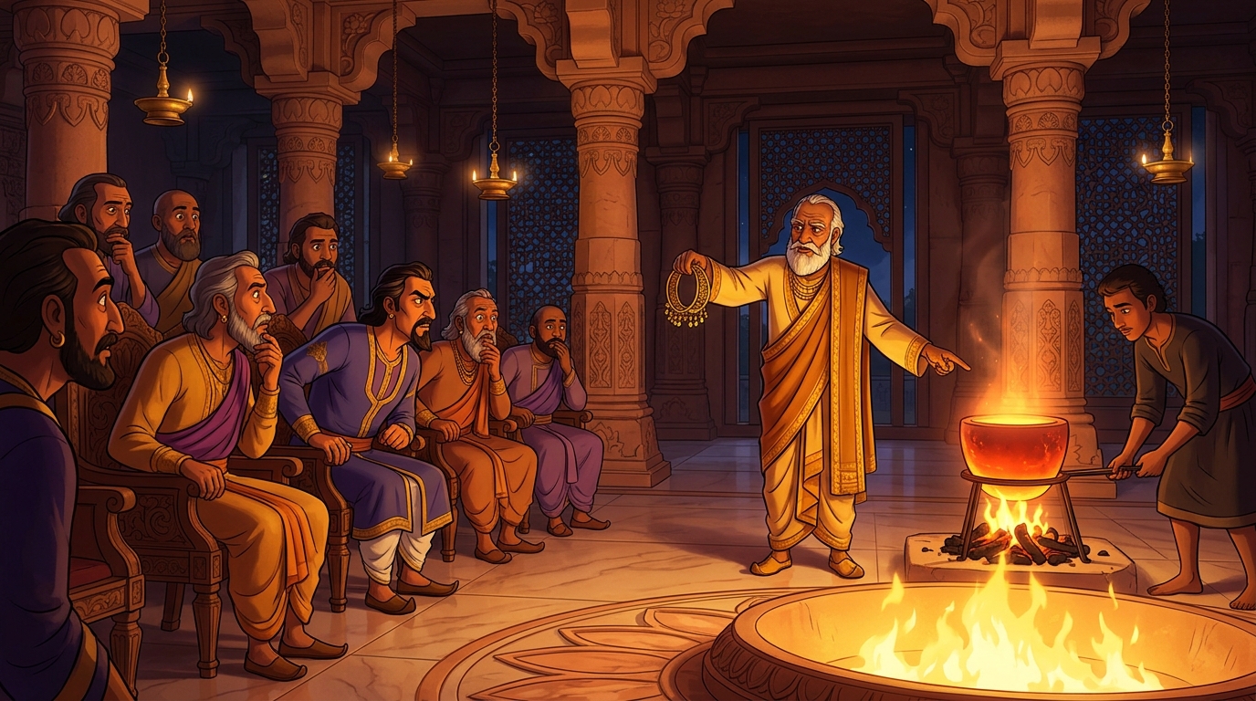 Dhanapala proposing to melt the sample anklets in a glowing furnace to verify the alloy