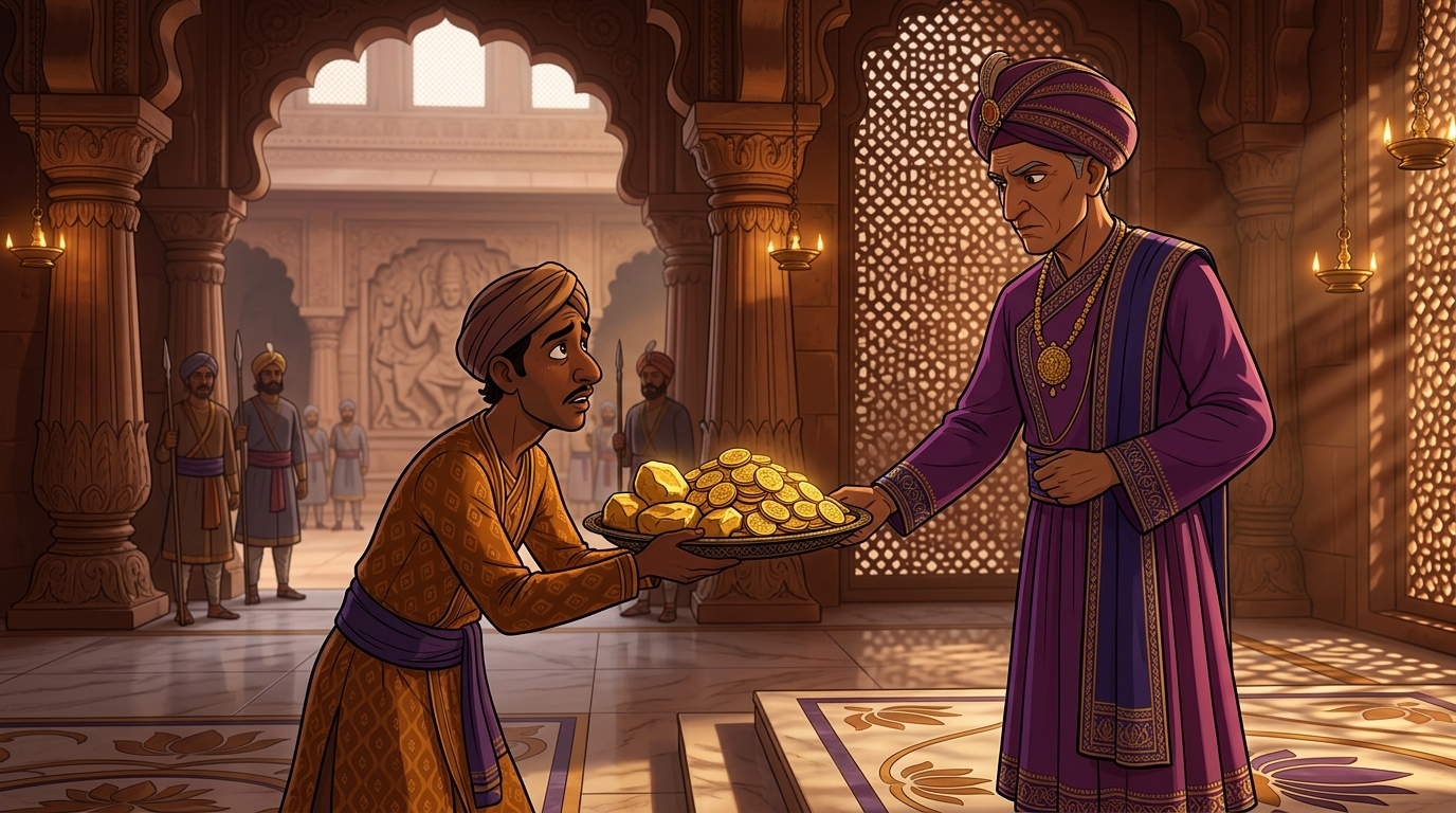 The goldsmith returning the stolen gold and paying a heavy fine of 100 gold dinars