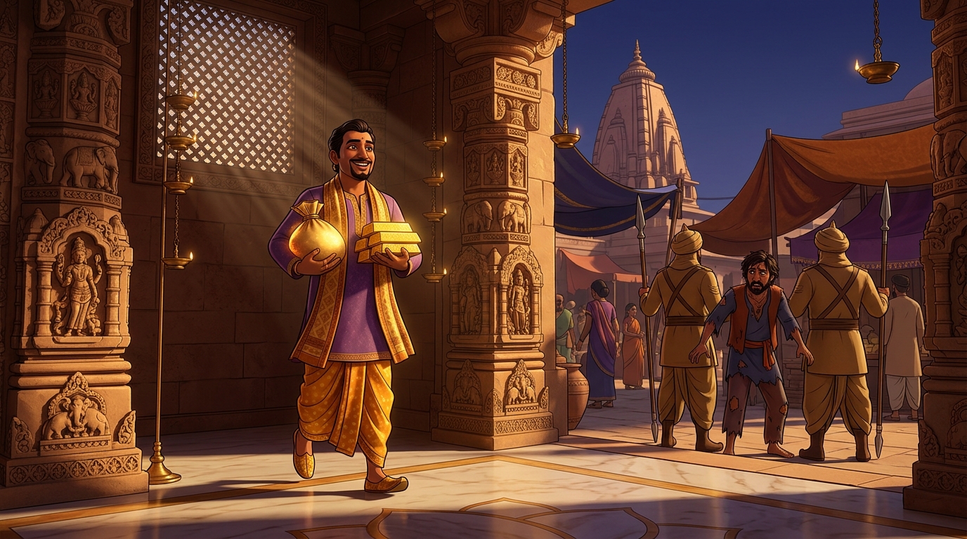 Dhanapala walking out of the guild hall triumphantly with pure gold