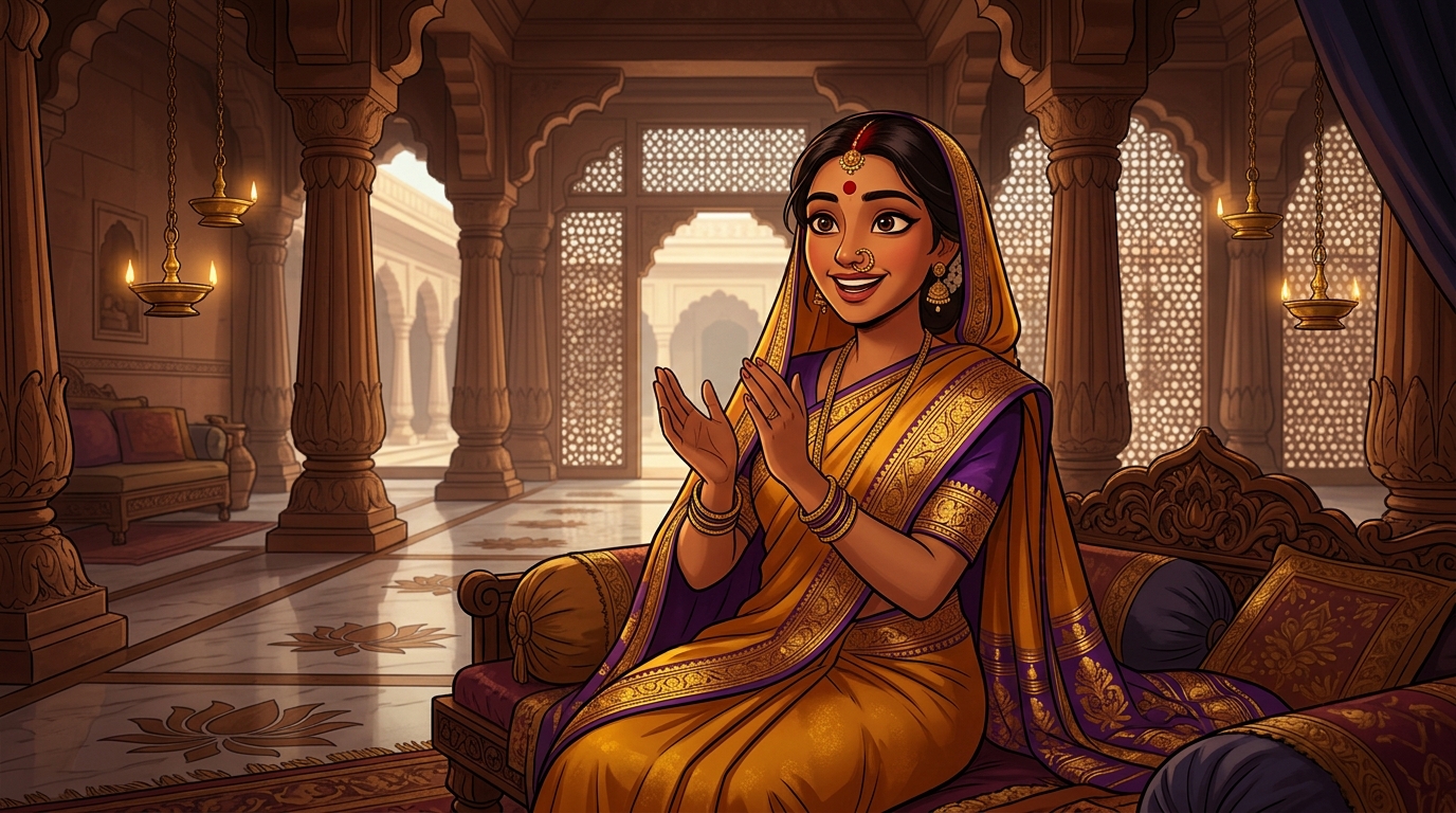 Prabhavati clapping in delight at how the greedy thief was trapped by his own greed