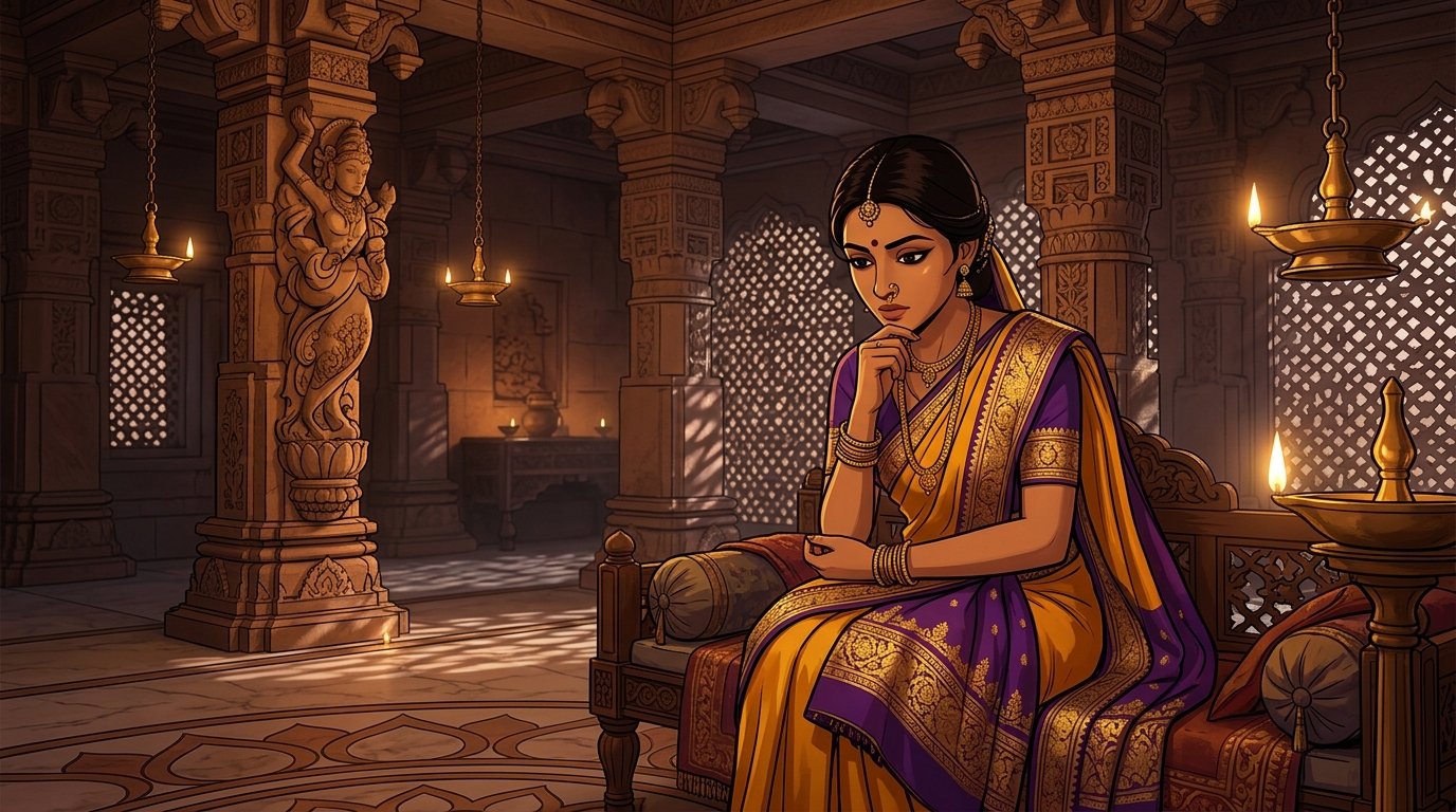 Prabhavati sitting deep in thought, debating the ethics of truth and temptation