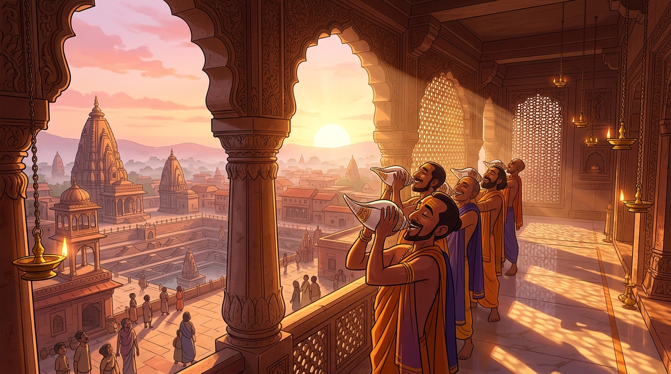 Golden dawn sunlight pouring through the sandstone arches as temple conches sound