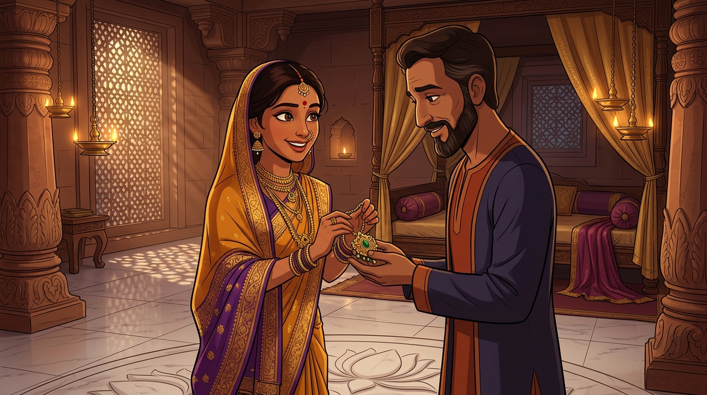 Prabhavati unclasps the emerald pendant, hands it to Shuka, and returns peacefully to her bedchamber