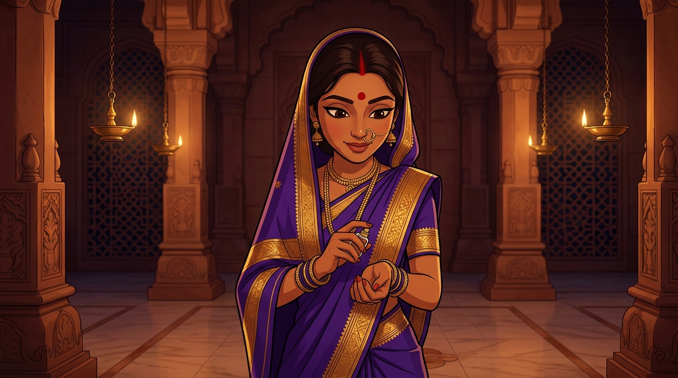 Prabhavati in royal purple silk dabbing the fragrant musk onto her wrists by candlelight