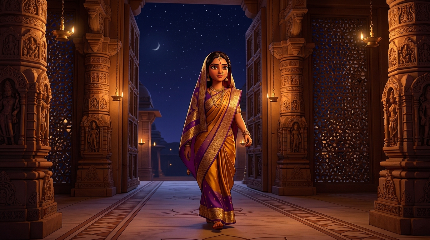 Prabhavati walking toward the courtyard gate with resolute steps under the starry sky