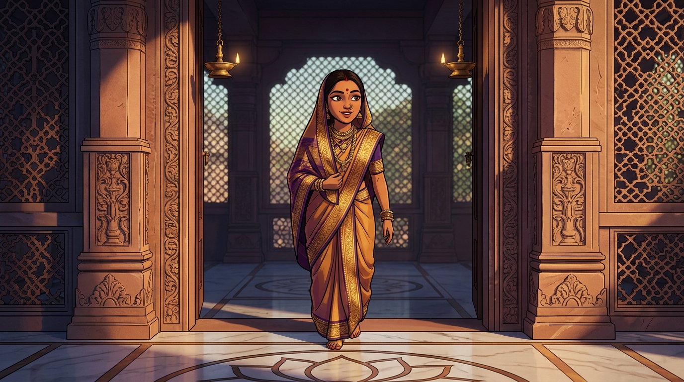 Prabhavati pausing on the doorstep with an amused smile