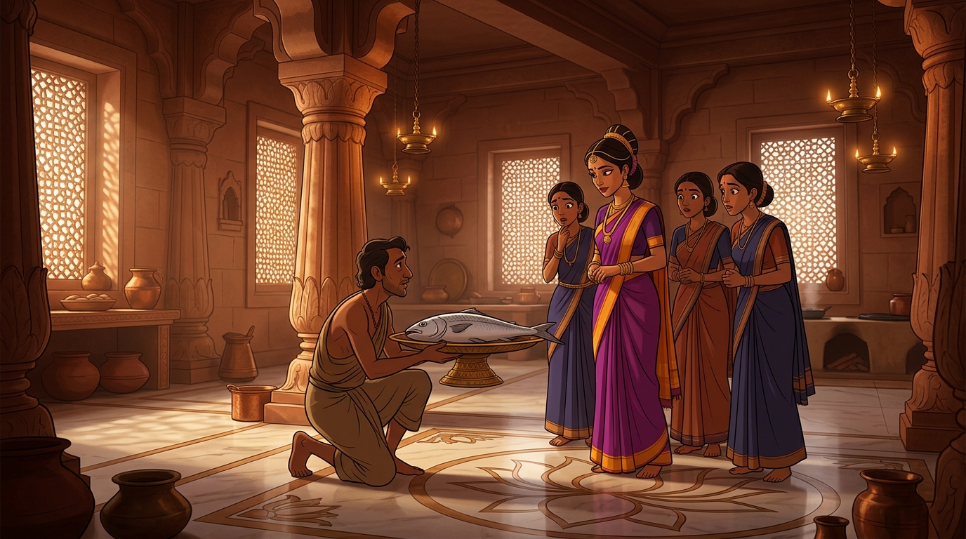 In the royal kitchen, a fisherman presents a large silver dead fish on a brass platter as the Queen enters
