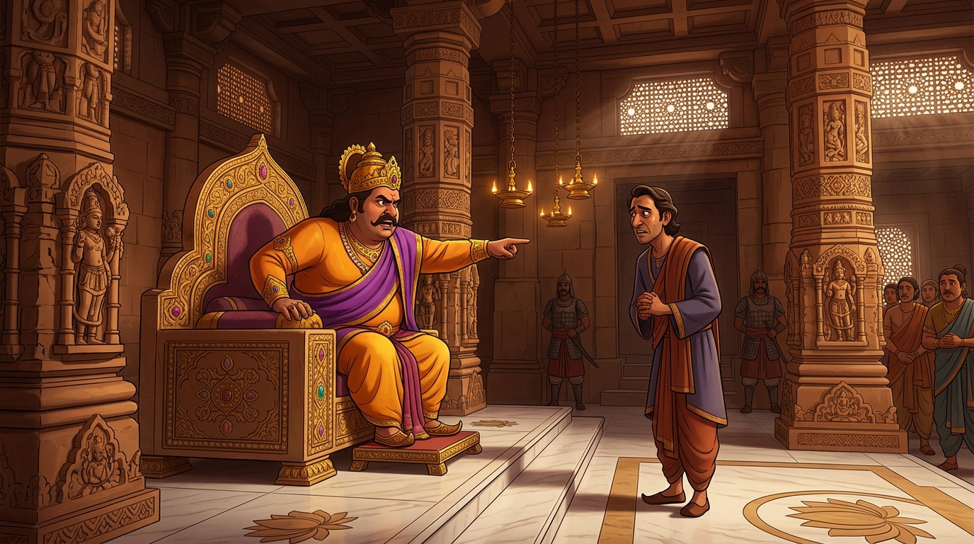 King Vikramasena commanding his Prime Minister angrily in the throne room