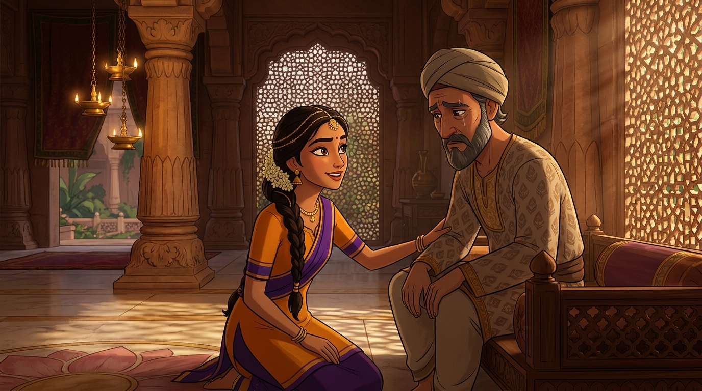 His brilliant 18yo daughter Anangaprabha consoling her father with sharp intellect