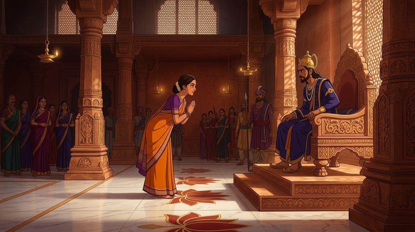 Anangaprabha standing before King Vikramasena, proposing the wall jump test