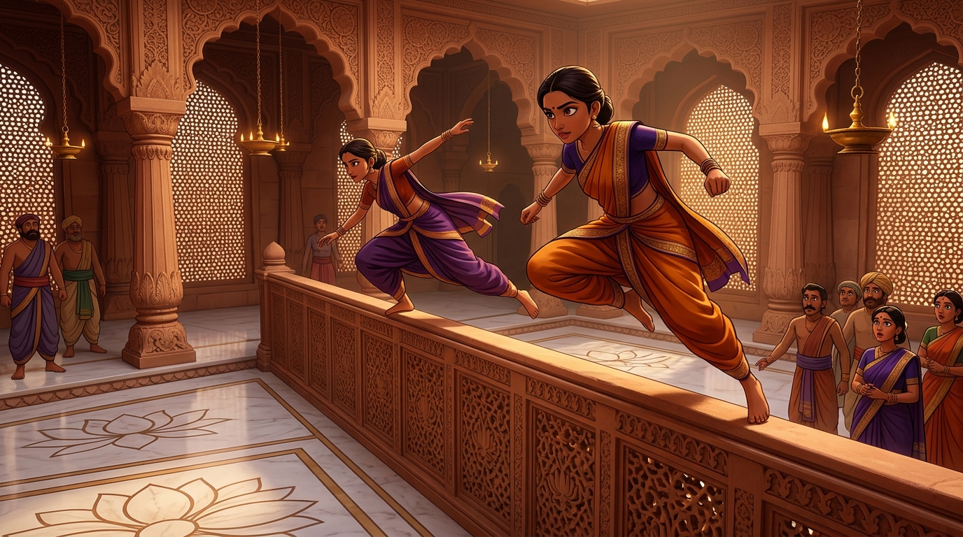 Two of the 'maidens' hiking up their silk skirts, effortlessly leaping over the eight-foot wall