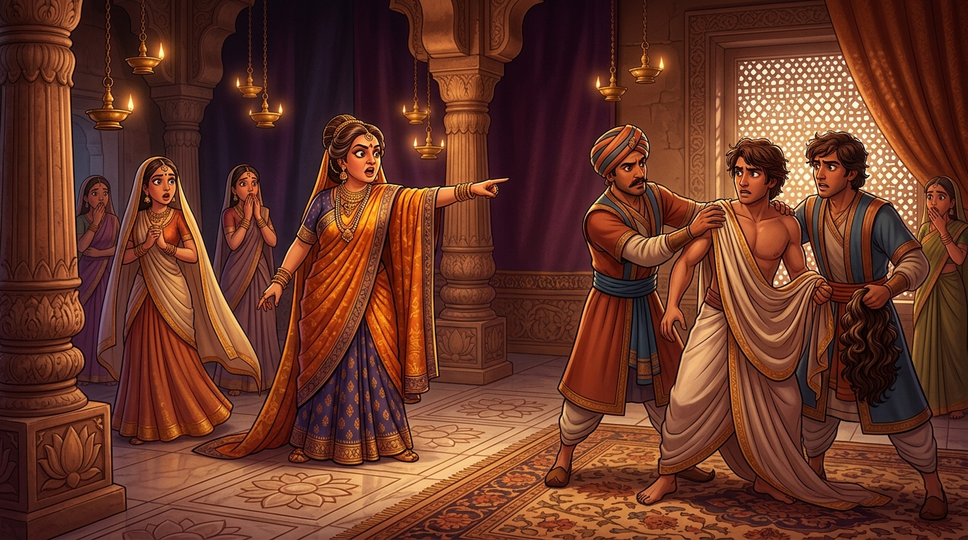 Guards ripping off the wigs and veils, revealing two muscular young men disguised as maidens