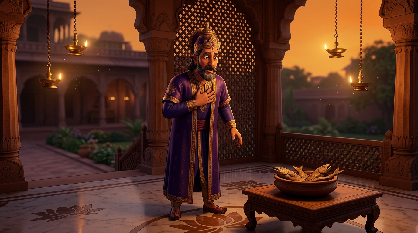 King Vikramasena gasping in shock and realization in the throne room