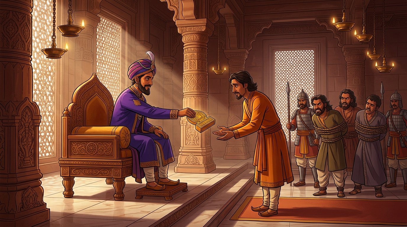 The King rewarding Anangaprabha with the golden seal of Chief Royal Counselor