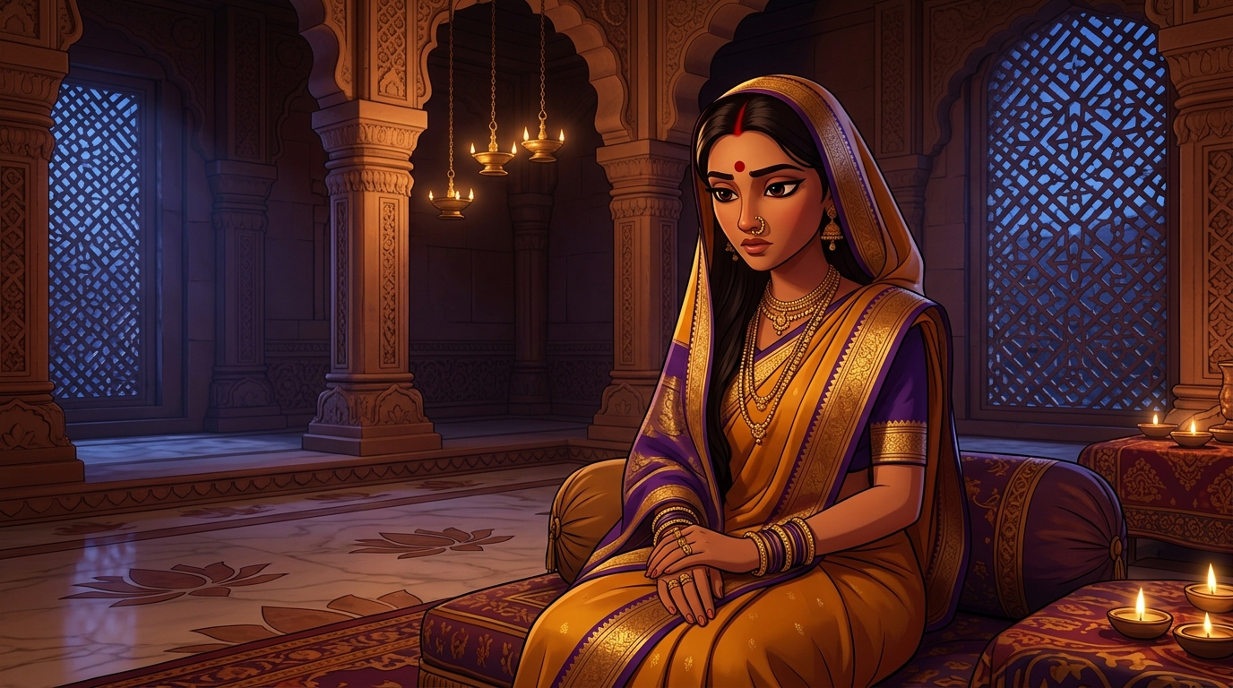 Prabhavati deep in introspection, realizing the prince's flattery is a dangerous trap