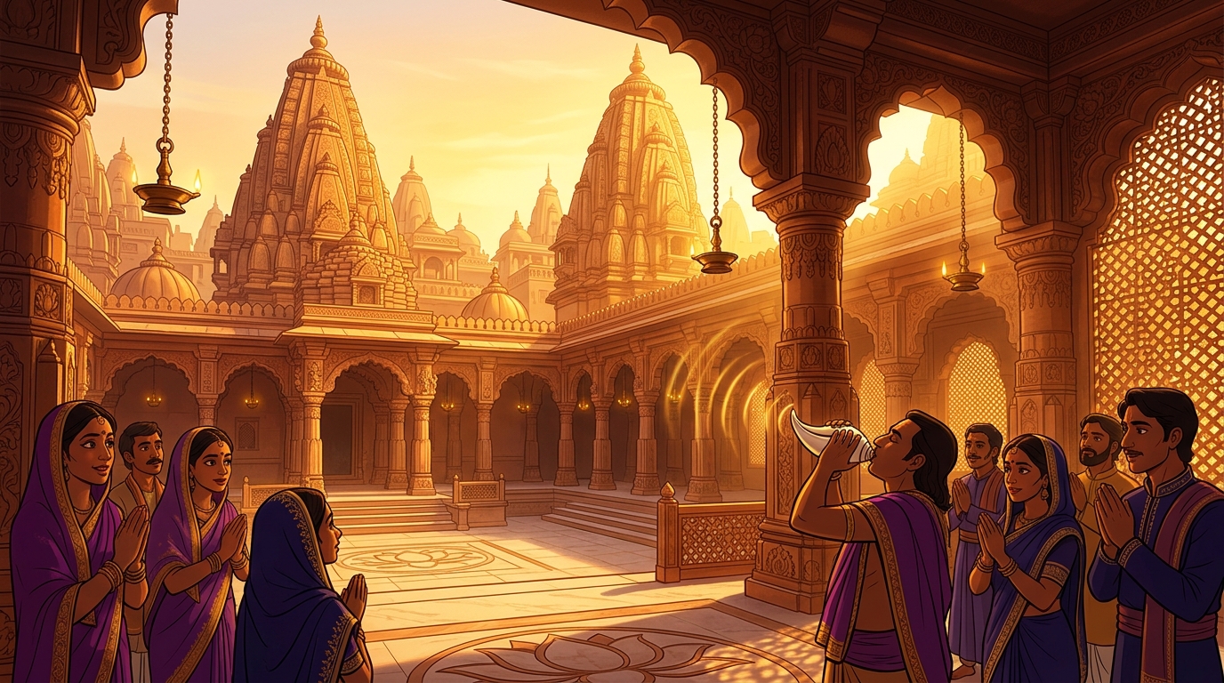 Golden morning sunlight flooding the Chandravati skyline as temple conches sound