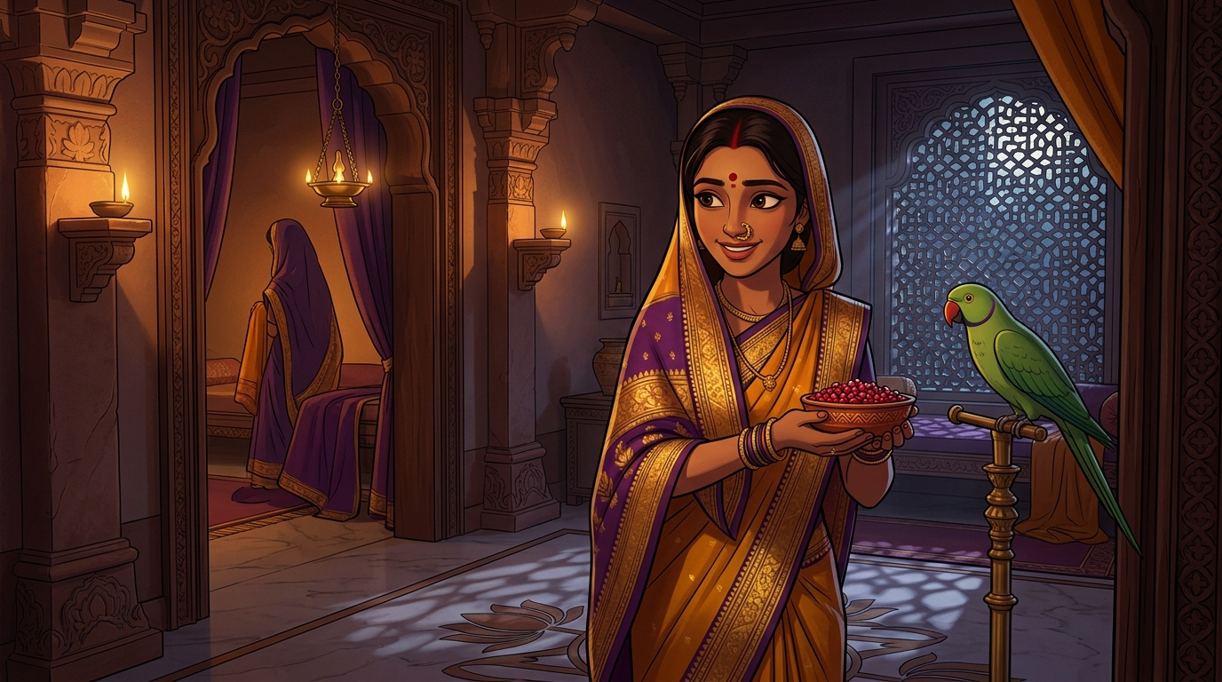 Prabhavati smiling with deep gratitude, giving Shuka fresh pomegranate seeds and retreating