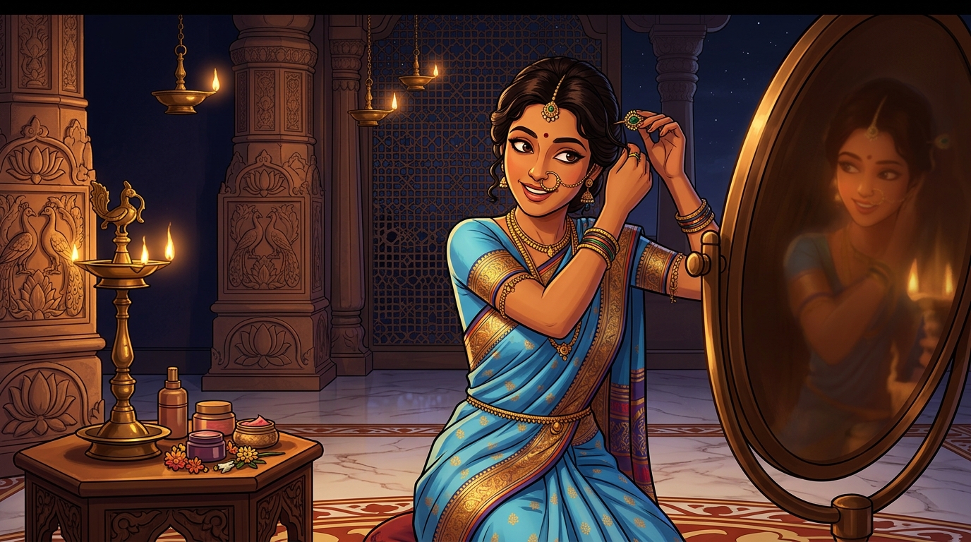 Prabhavati in celestial sky-blue silk pinning the emerald hairpin into her hair by candlelight