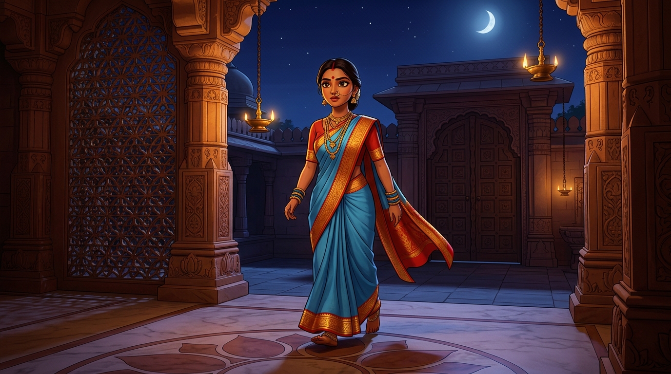 Prabhavati walking toward the courtyard gate under the moonlit sky