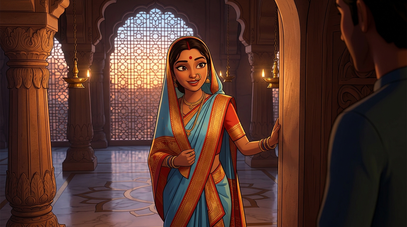 Prabhavati stopping on the threshold with an amused smile