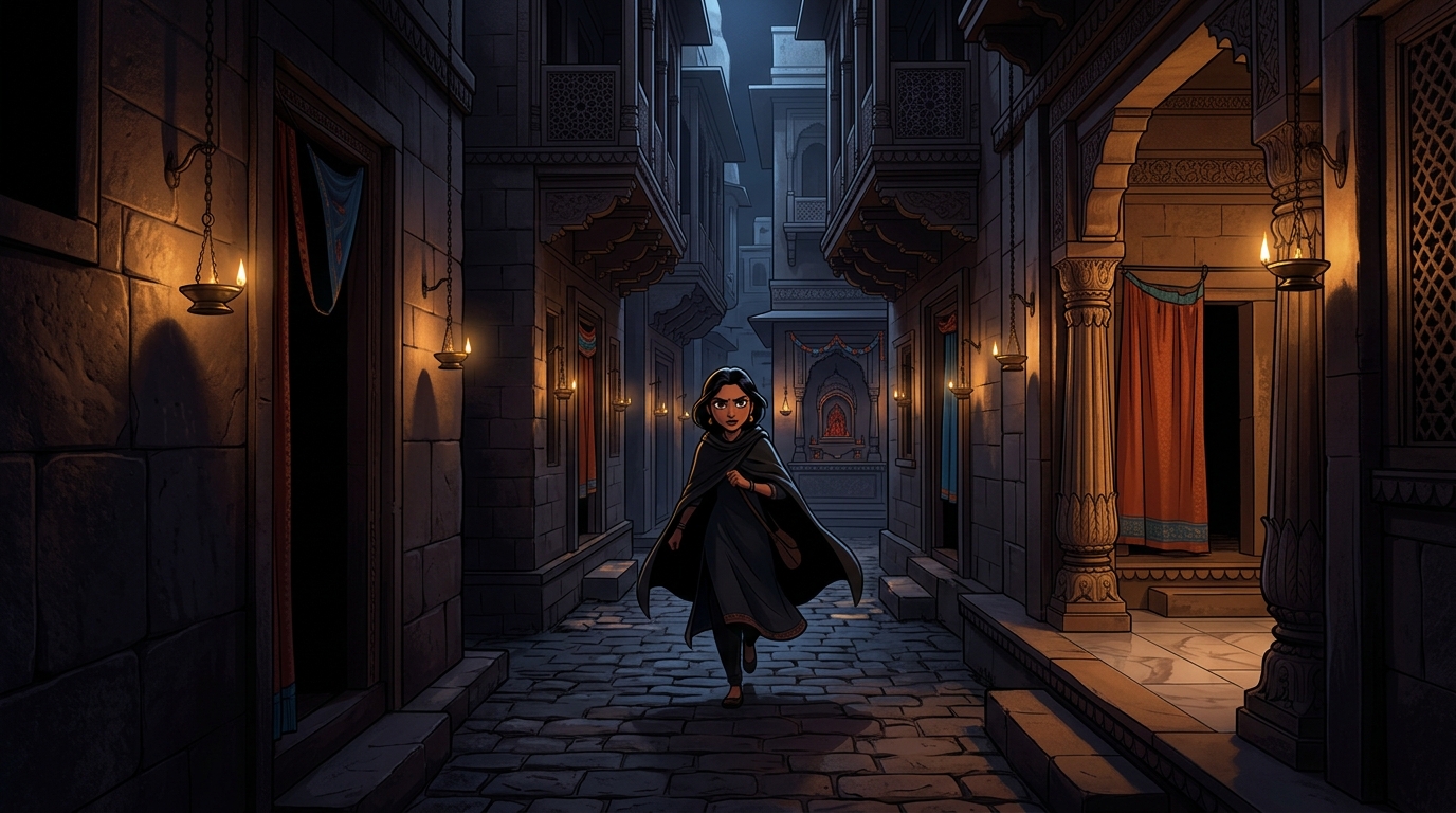 In ancient Varanasi at 2:00 AM, Devika walking swiftly through a narrow cobblestone alley
