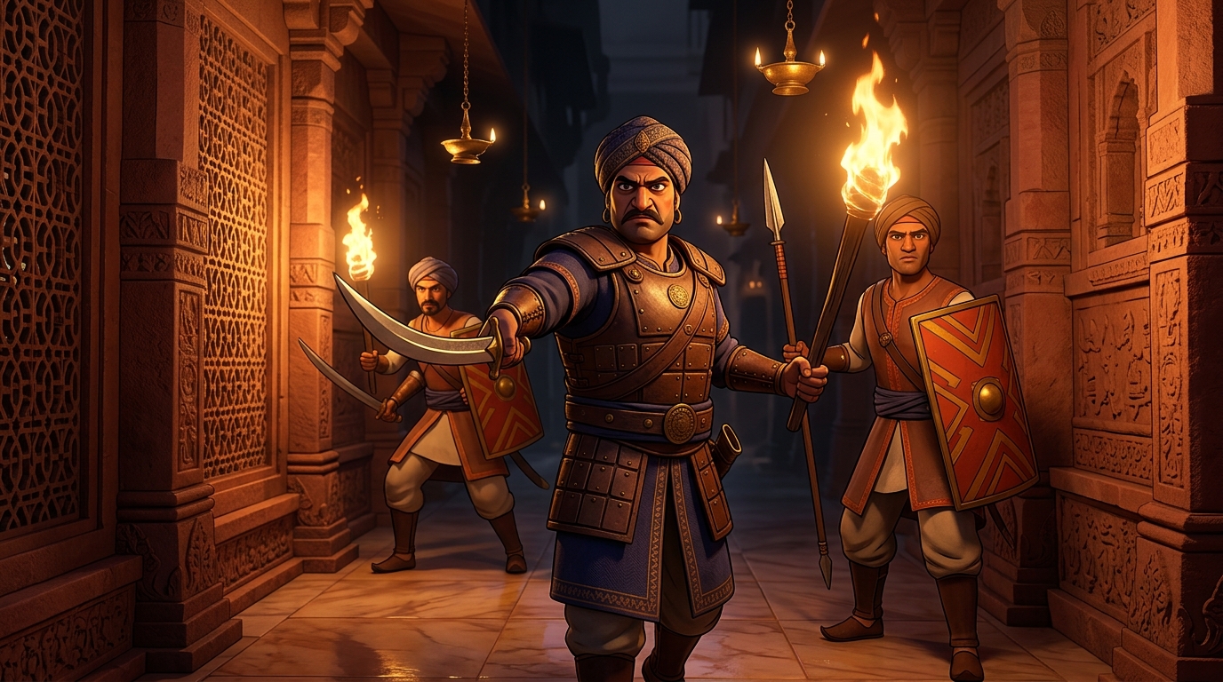 Chief Guard Bhairavapalita and two armed guards stepping out with flaming torches and drawn swords