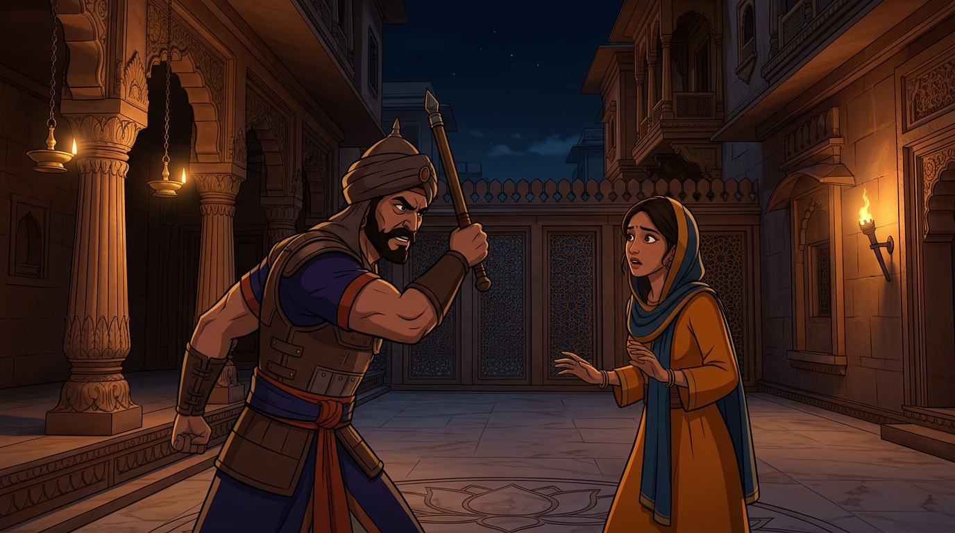 The fierce guard raising his iron baton angrily before Devika