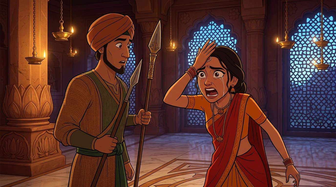 Devika slapping her forehead in frantic, furious tears, weeping with rage at the guard
