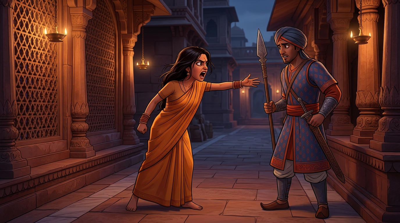 Devika shouting at the guard with commanding fury about her husband's snakebite