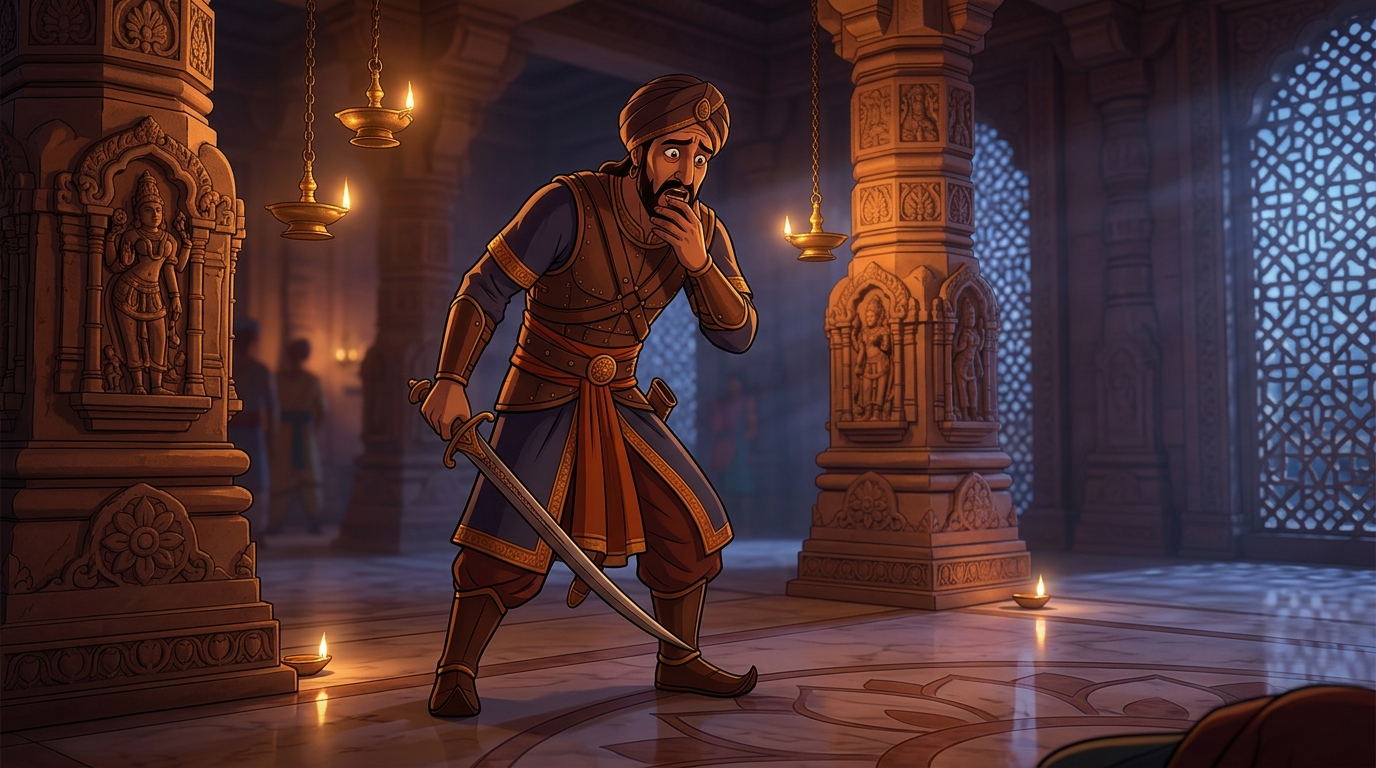 Chief Guard Bhairavapalita lowering his sword in horror and remorse