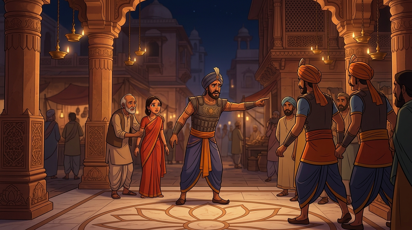 The Chief Guard commanding his two guards to escort Devika with all haste