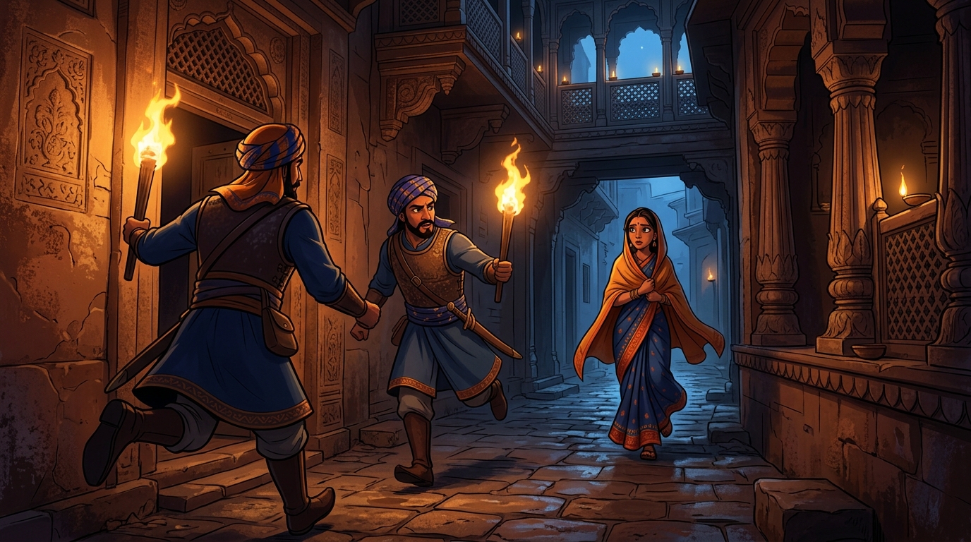 Two armed guards running ahead of Devika with blazing torches through dark alleys