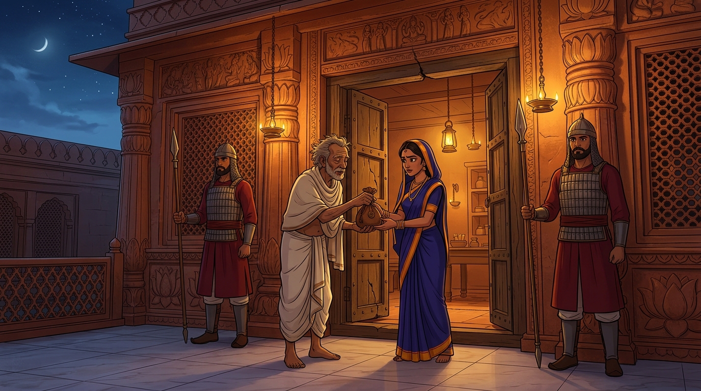 Arriving at the Vaidya's clinic, the herbalist handing a pouch of herbs to Devika while guards stand watch