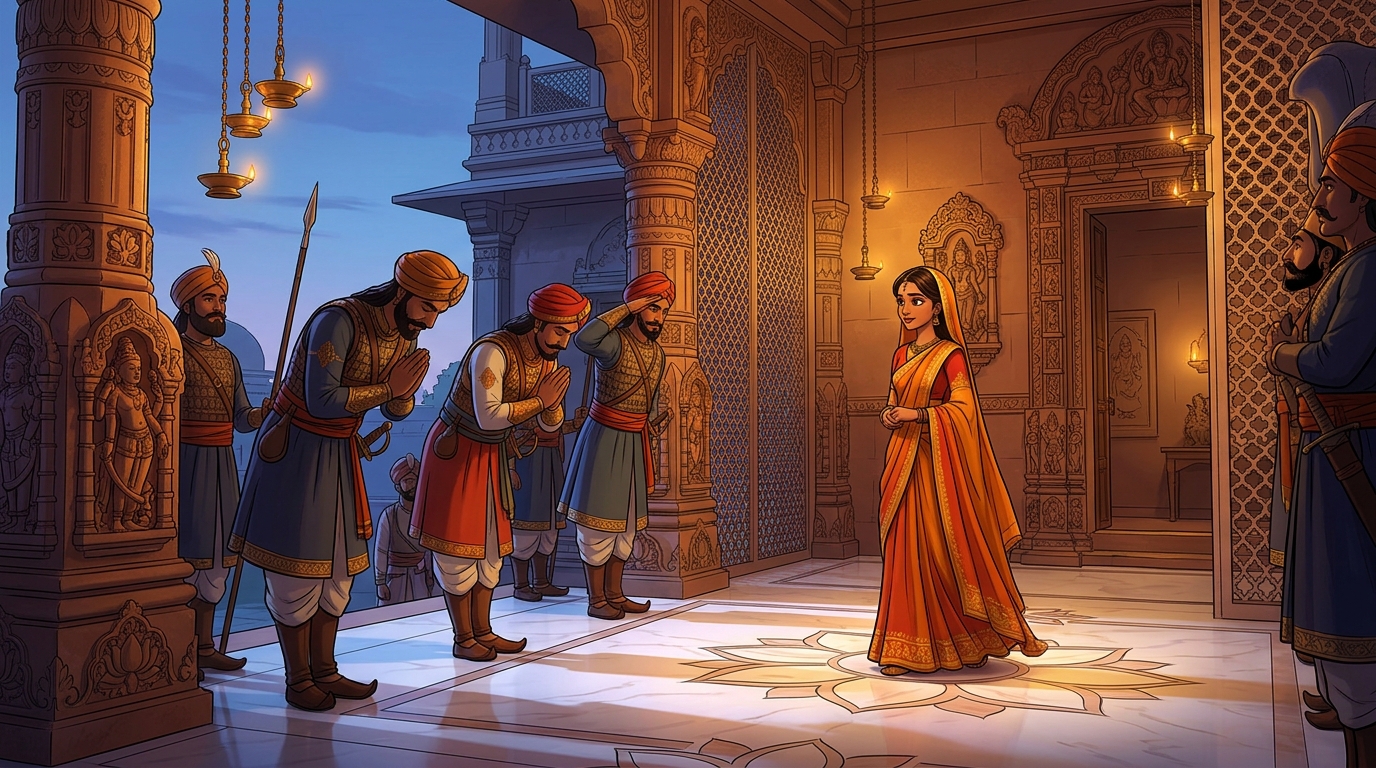 The guards escorting Devika back to her mansion gate, saluting her devotion