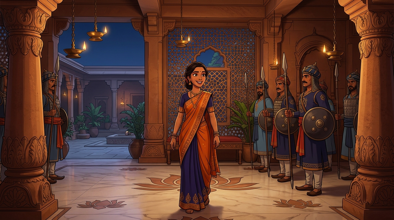 Inside her courtyard, Devika smiling in triumph after turning the patrol into bodyguards