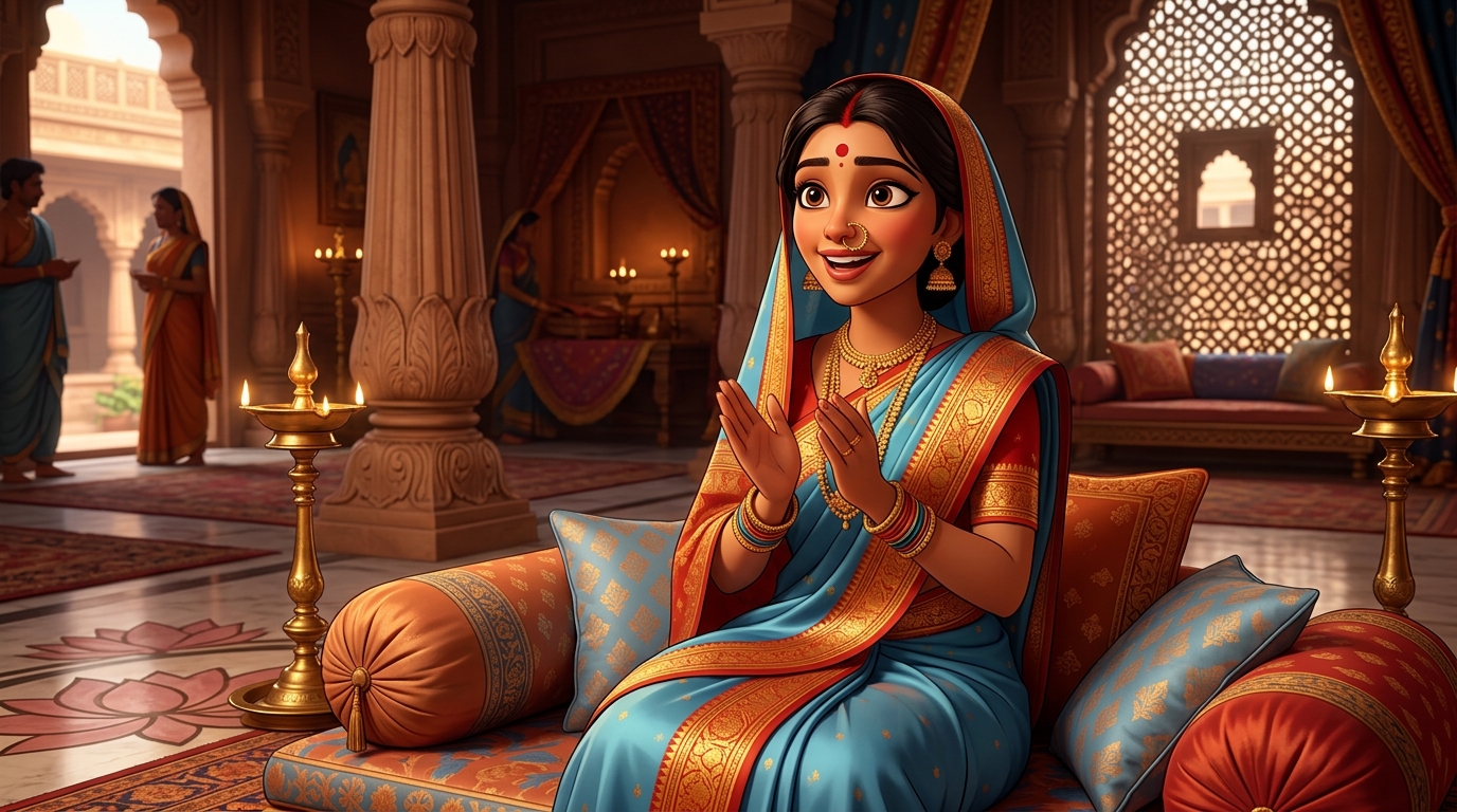 Prabhavati clapping her hands in wonder on the silk cushions