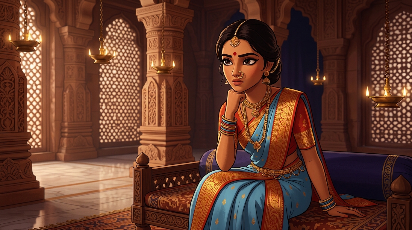 Prabhavati in deep philosophical contemplation on the danger of reckless journeys