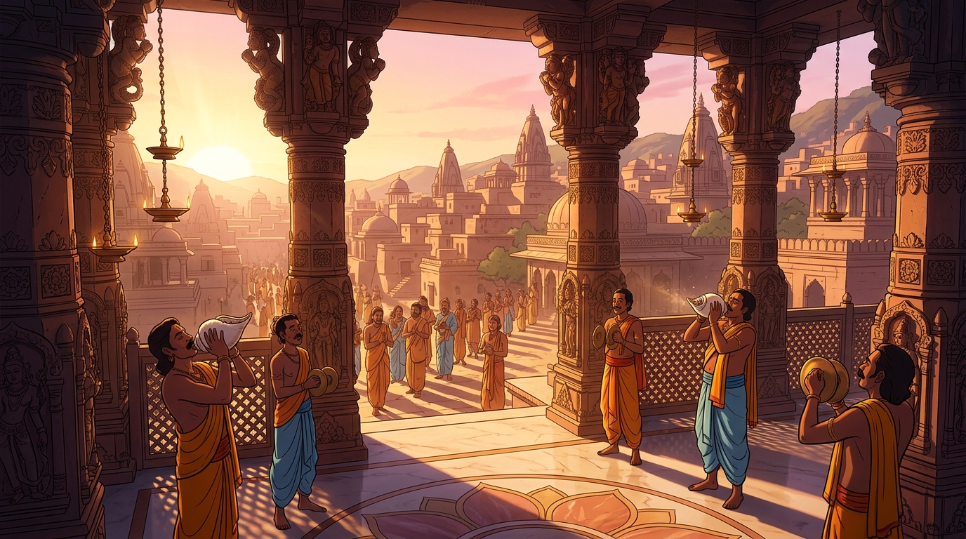Golden-pink dawn rays flooding the sandstone pillars as temple conches sound