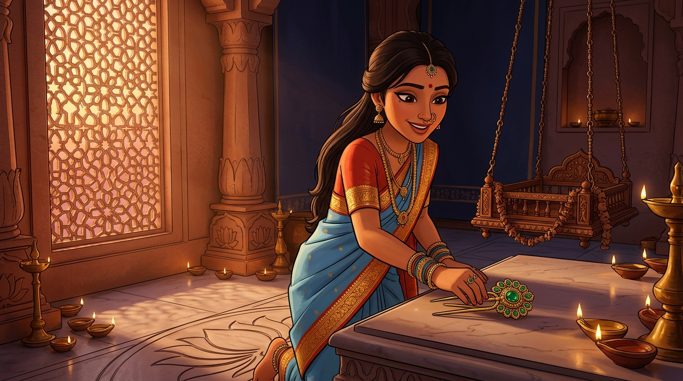 Prabhavati unpinning the emerald hairpin and placing it beside Shuka's swing with gratitude